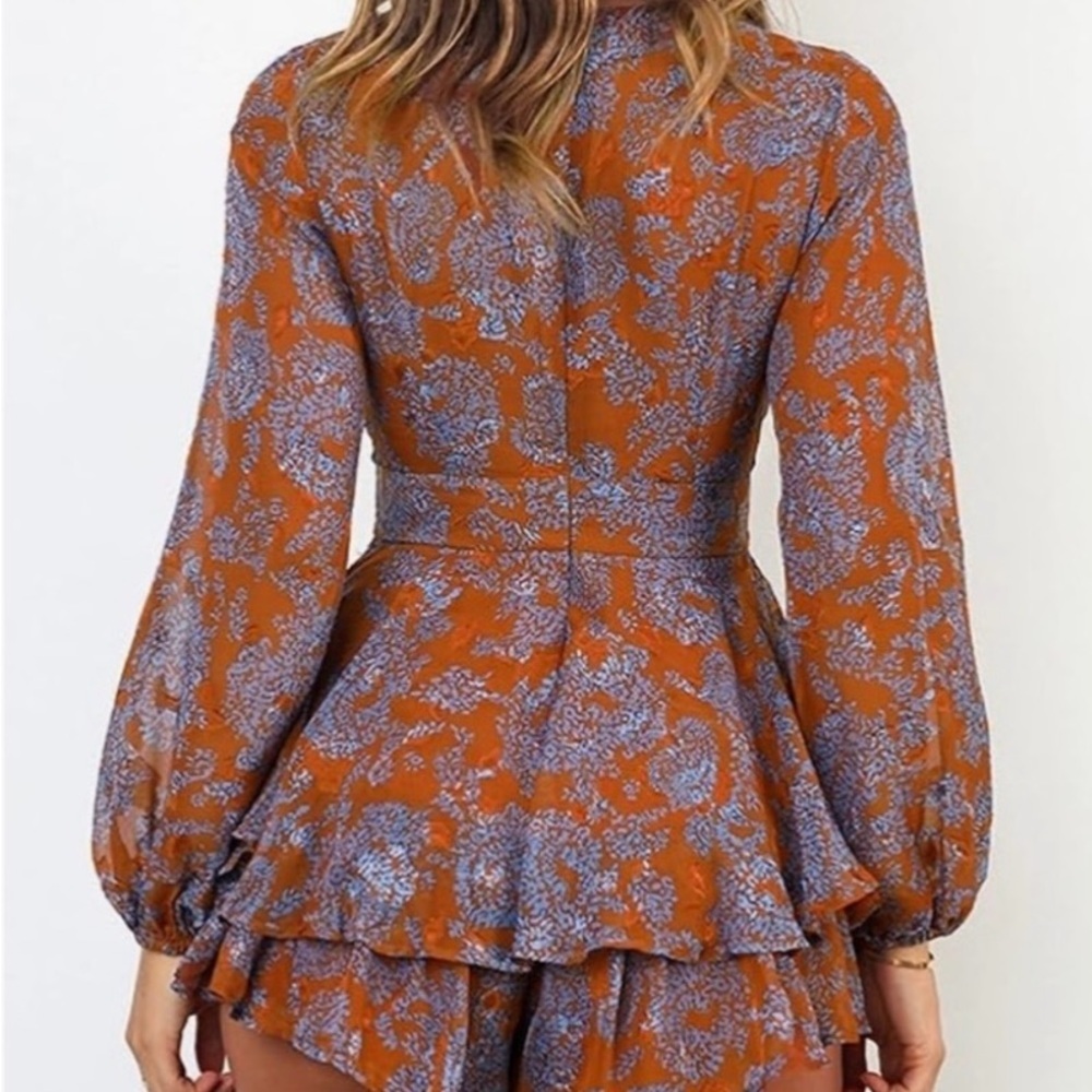 Relipop Floral Wrap Dress in Rust and Blue NWOT S length 29”, pit-to-pit 18” - Picture 4 of 8